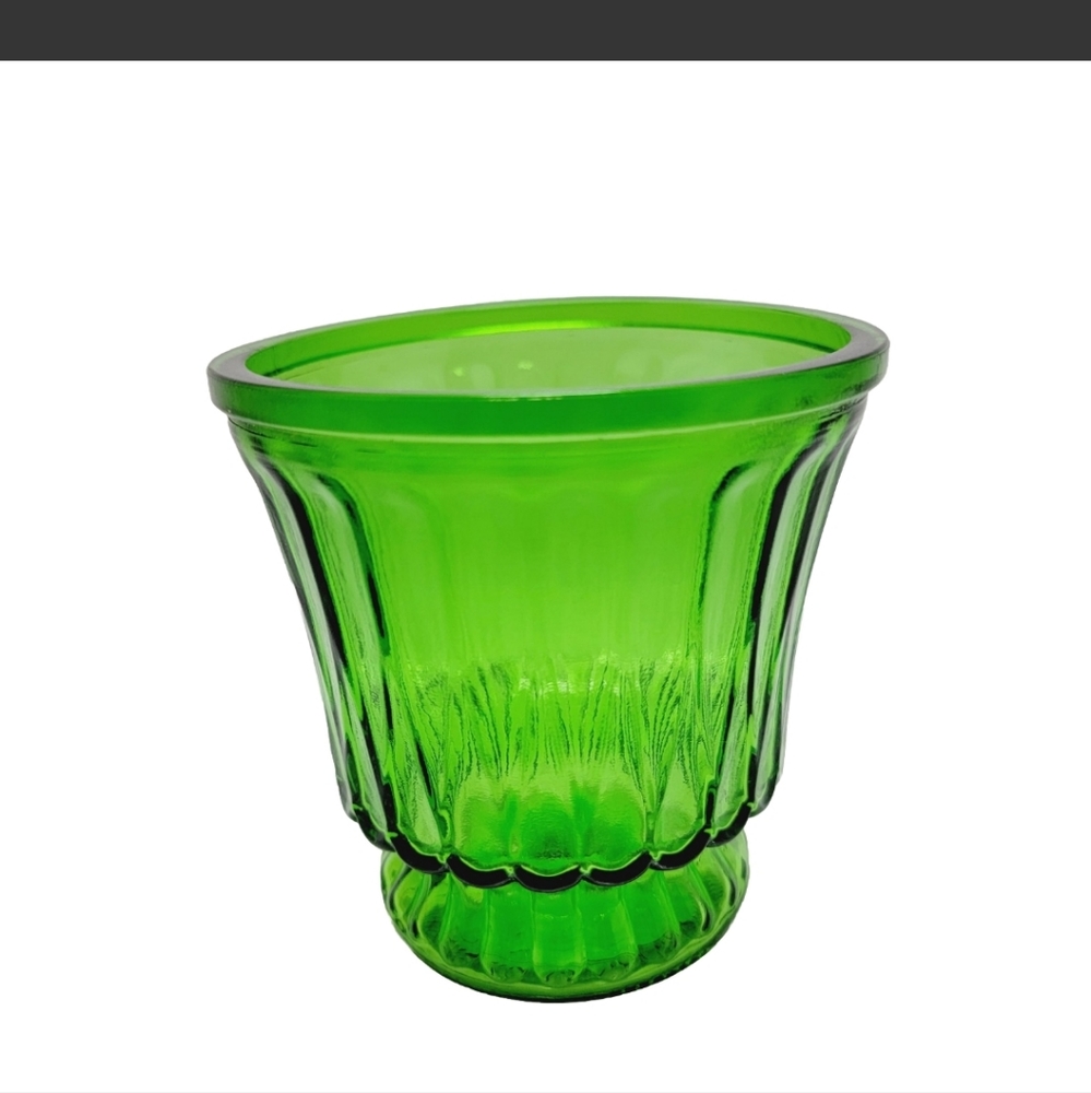 Vintage IC Signed Green Ribbed Glass Candy Bowl/Vase  Multipurpose 5" Tall